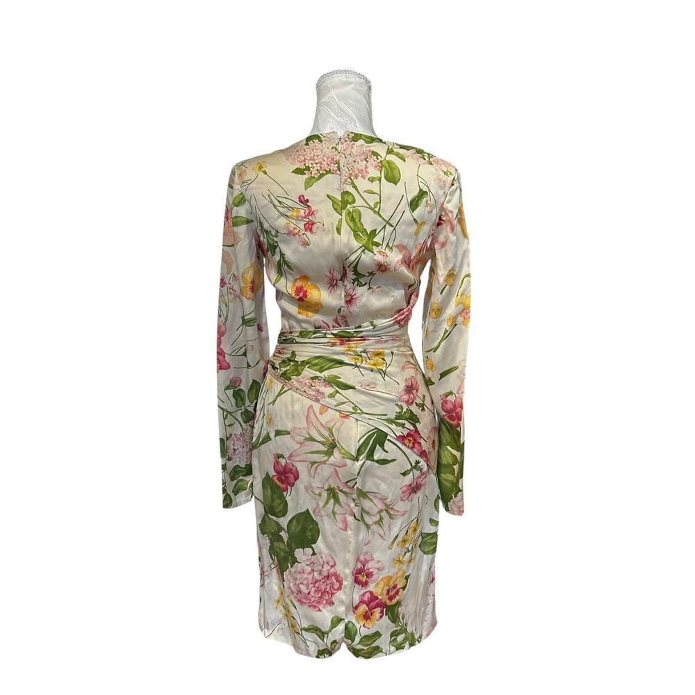 Bill Blass Vintage 80s Silk Floral Sheath Dress Ruched Waist Long Sleeve XS - Picture 3 of 13